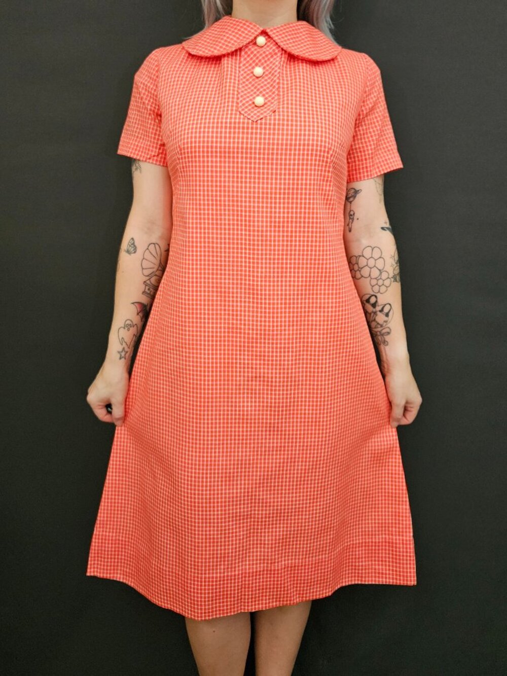 60s Red Check Plaid Peter Pan Collar Dress